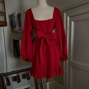 STAUD Cherry Red Mini Dress with Sash